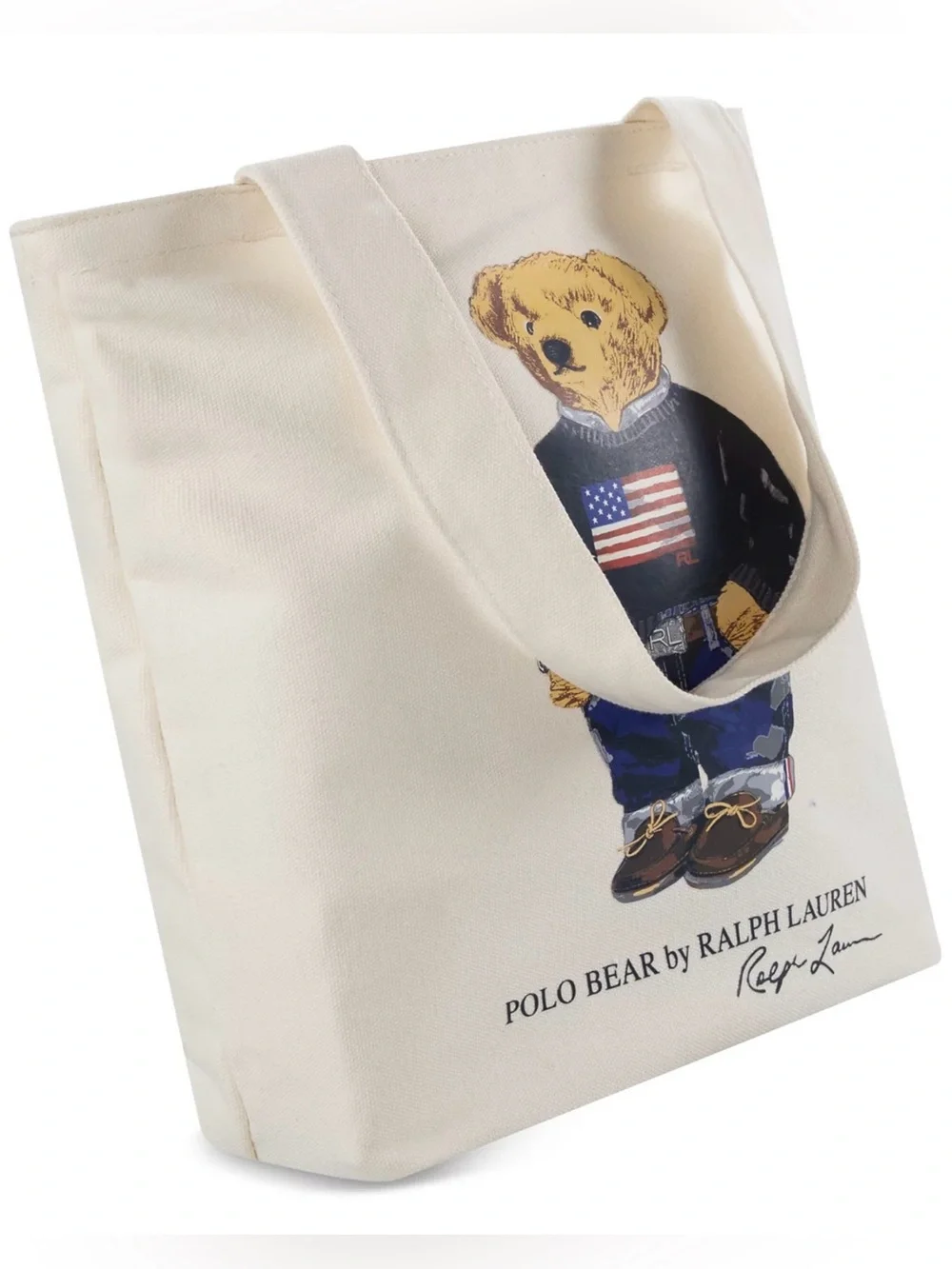 Polo Ralph Lauren Natural FLAG SWEATER BEAR 13.0” Canvas Zip Top Tote Bag